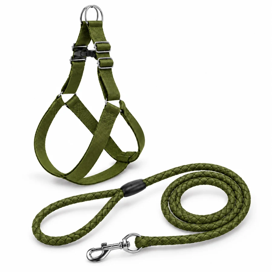Dog leash and harness set, round rope, 3 sizes, olive-green