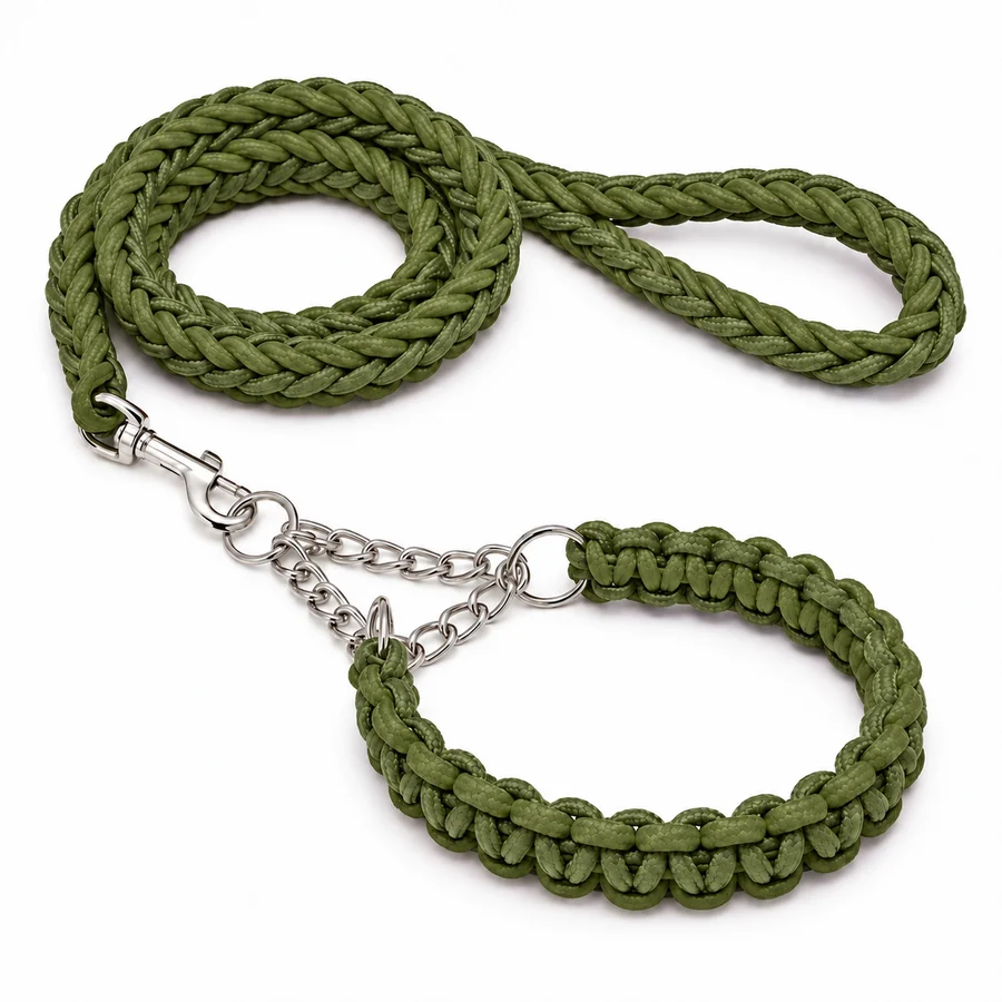 Dog leash and collar set, braided, olive-green
