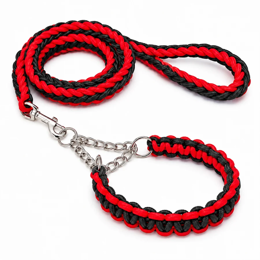 Dog leash and collar set, braided, red-black