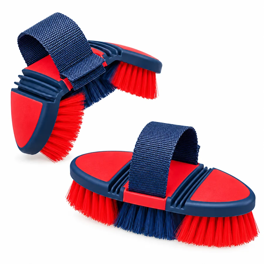 Horse body brush, flexible, 18.5 x 9 cm, red