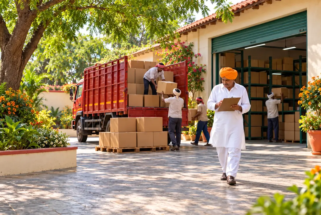 A godown manager in a saffron turban checks a clipboard as workers load cartons onto a red truck