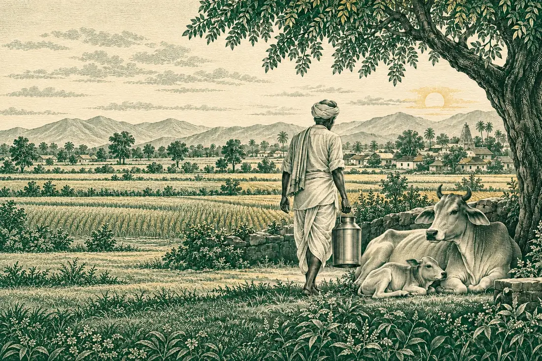An engraved drawing of a farmer carrying a milk can past a cow and calf resting under a neem tree, village fields behind