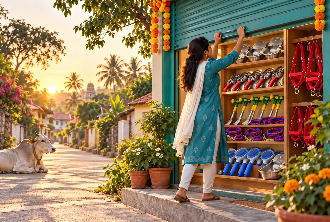 A young woman rolls up the shutter of her new farm-supply shop at sunrise, shelves of A2Z tools inside, a cow resting on the lane