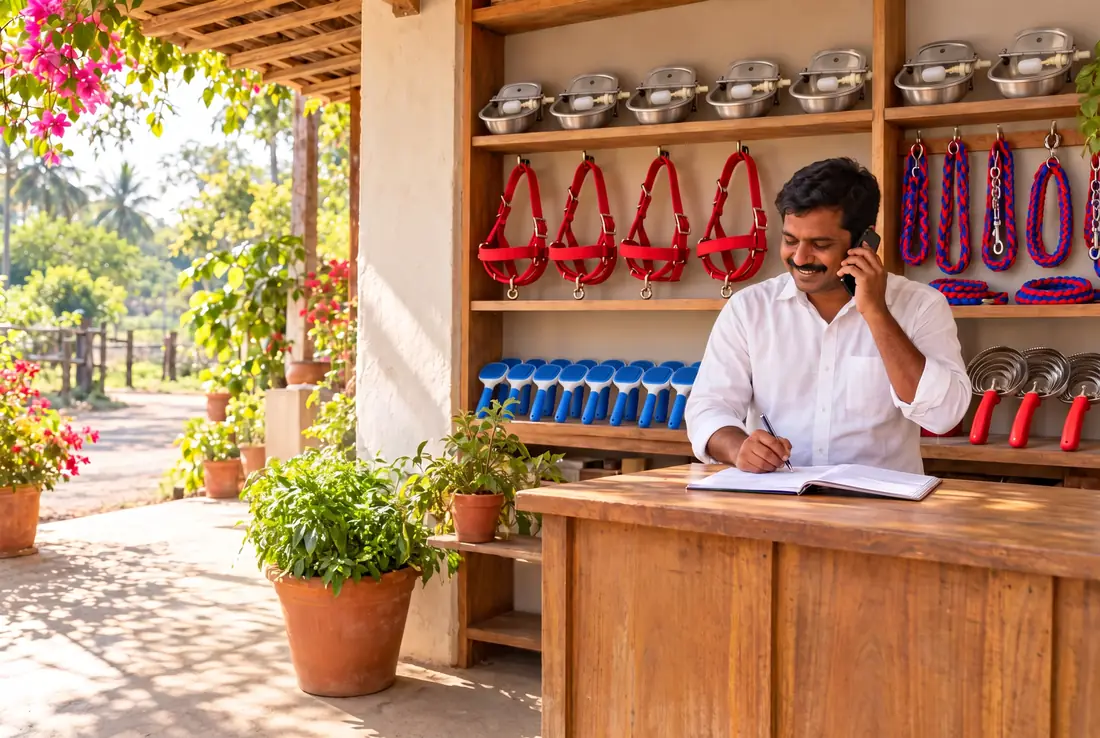 A dealer talks on his phone at the counter of his farm-supply shop, shelves of A2Z halters, leashes, brushes and bowls behind him