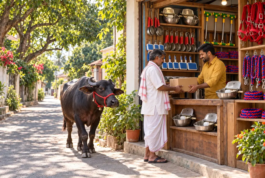 A shopkeeper hands a carton to a customer at a farm-supply shop stocked with A2Z tools, a black buffalo walking down the leafy lane
