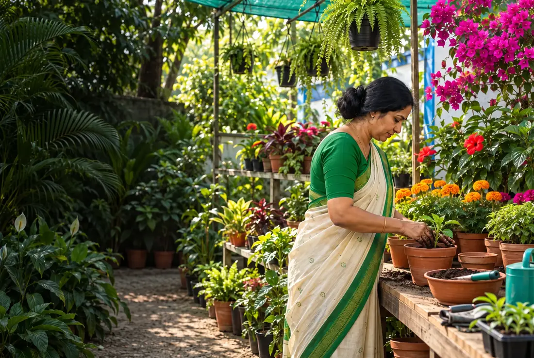 A woman in a green-bordered saree pots a seedling at a nursery bench full of flowering plants
