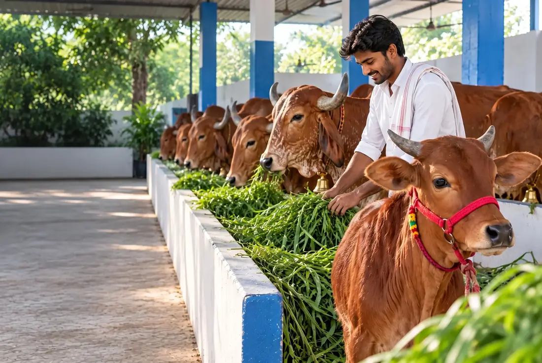 A dairyman feeds green fodder to Gir cows at the rail of a bright, clean dairy shed, a red calf in a bright halter in front