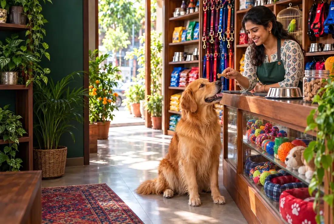 A golden retriever at the counter of a well-stocked pet shop takes a treat from the shopkeeper