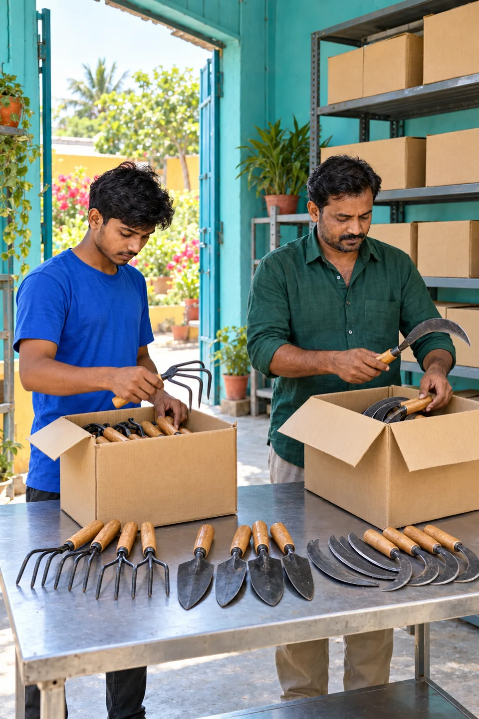 A distributor and his helper unpack A2Z cartons in a small godown.