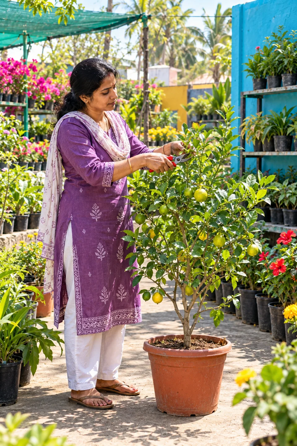 A nursery owner prunes a potted plant among neat rows of saplings.