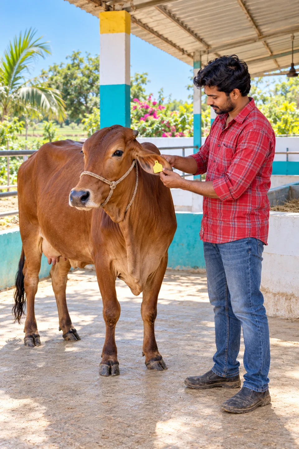 A dairy farmer checks a calm cow's ear tag in a clean shed.