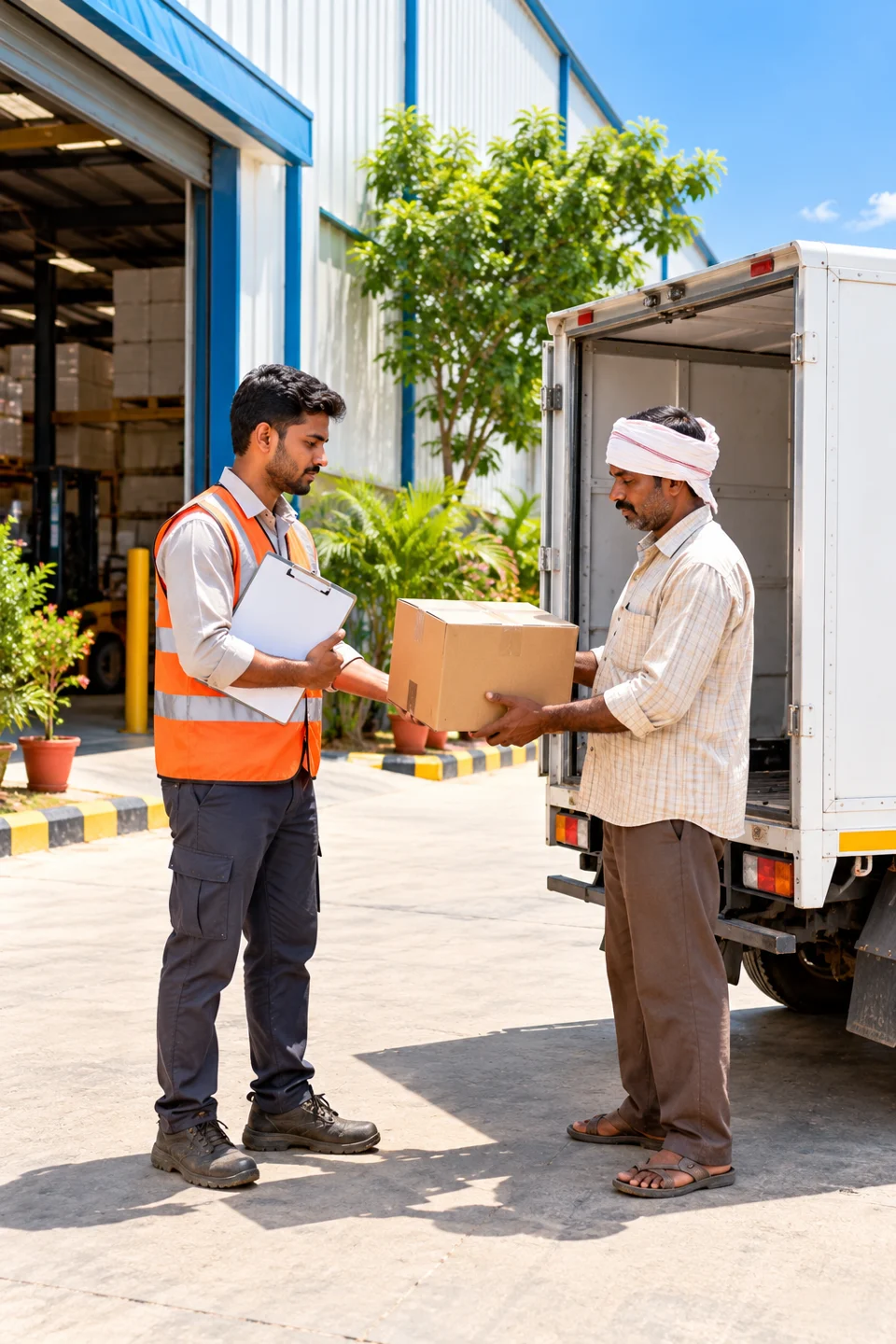 A dispatch clerk hands a packed carton to a transporter at the loading gate.