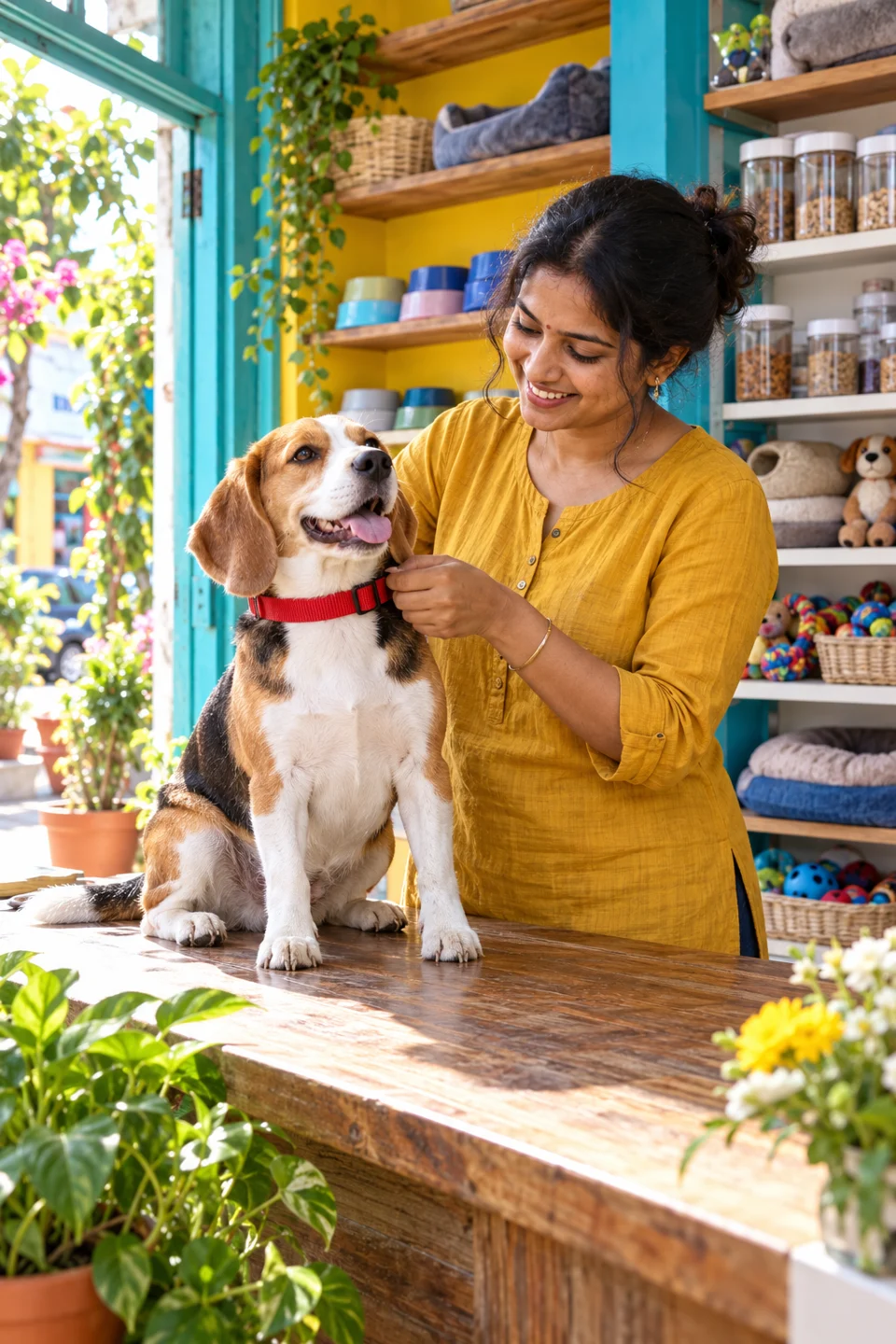 A pet shop owner fits a collar on a happy beagle at the counter.