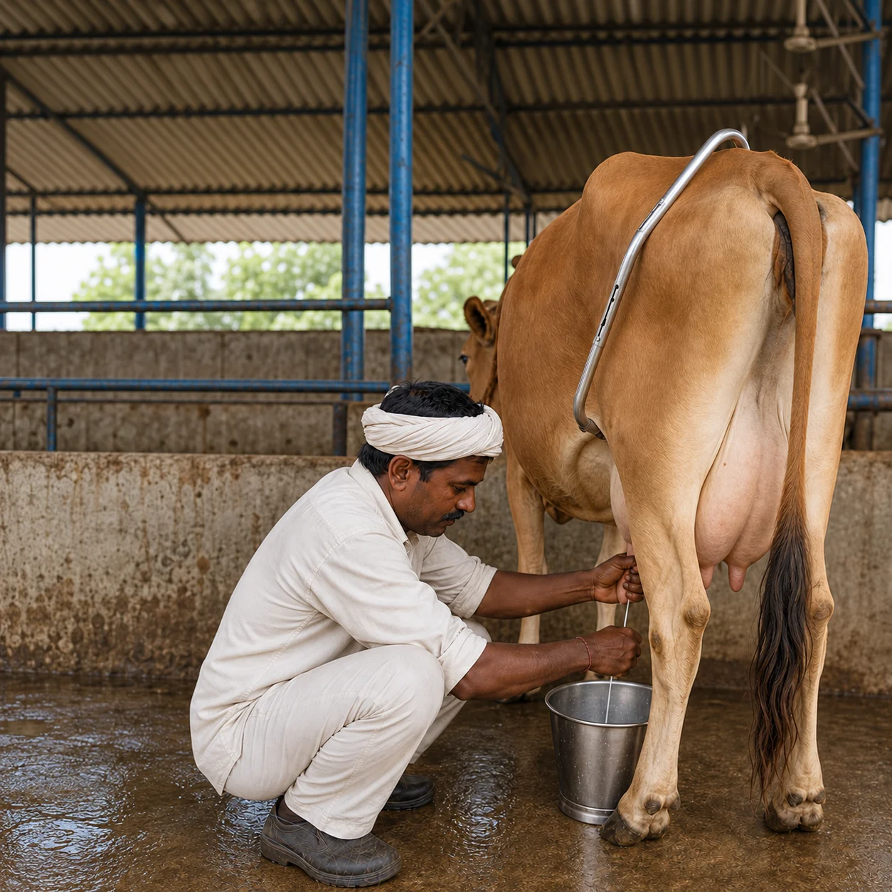 Anti-kick bar, adjustable: Spring-button multi-position lock. For cattle.