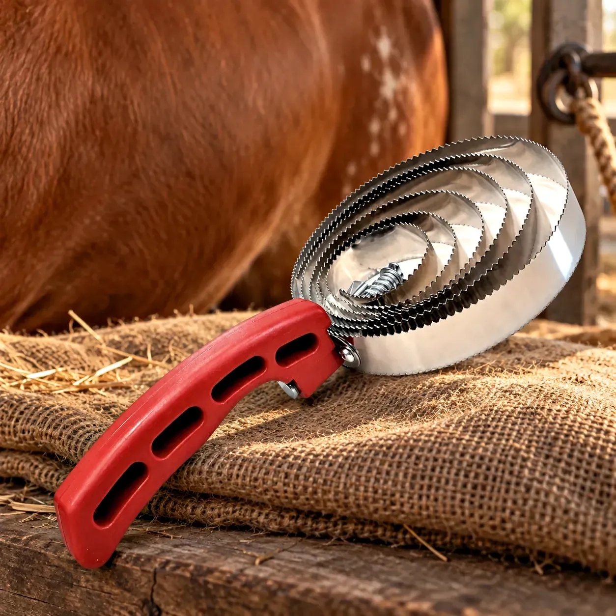 Curry comb, 6 steel rings: overall length 25 cm. For horse, cattle.