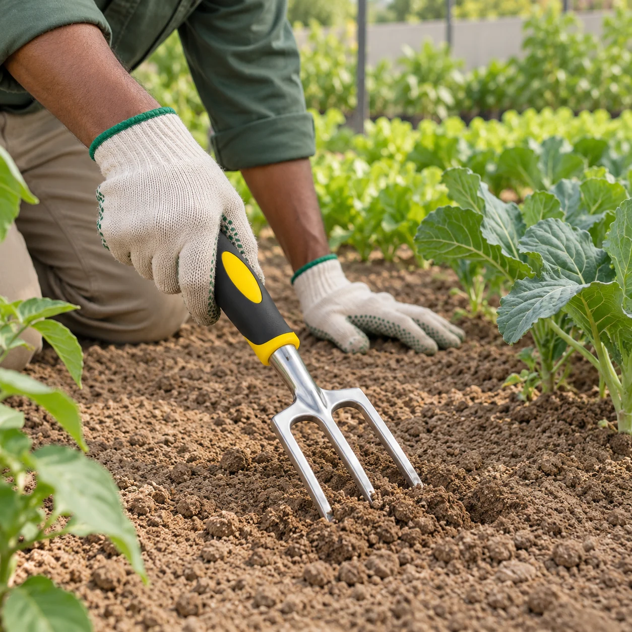 Hand fork, 3 tine, carbon steel, yellow grip: Three-tine garden fork.