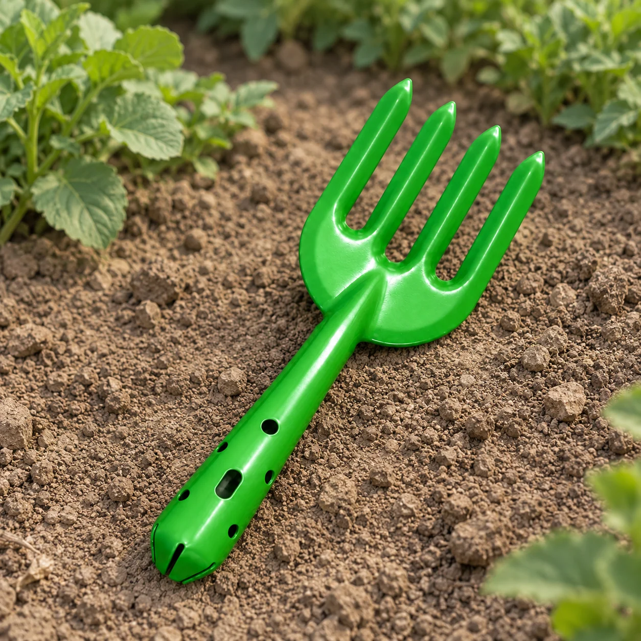 Hand fork, 4 tine, green painted metal: per carton 200 pieces.