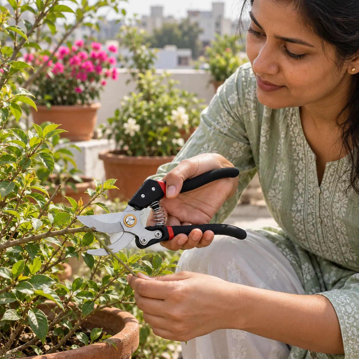 Pruning shear, bypass, 21 cm: overall length 21 cm.
