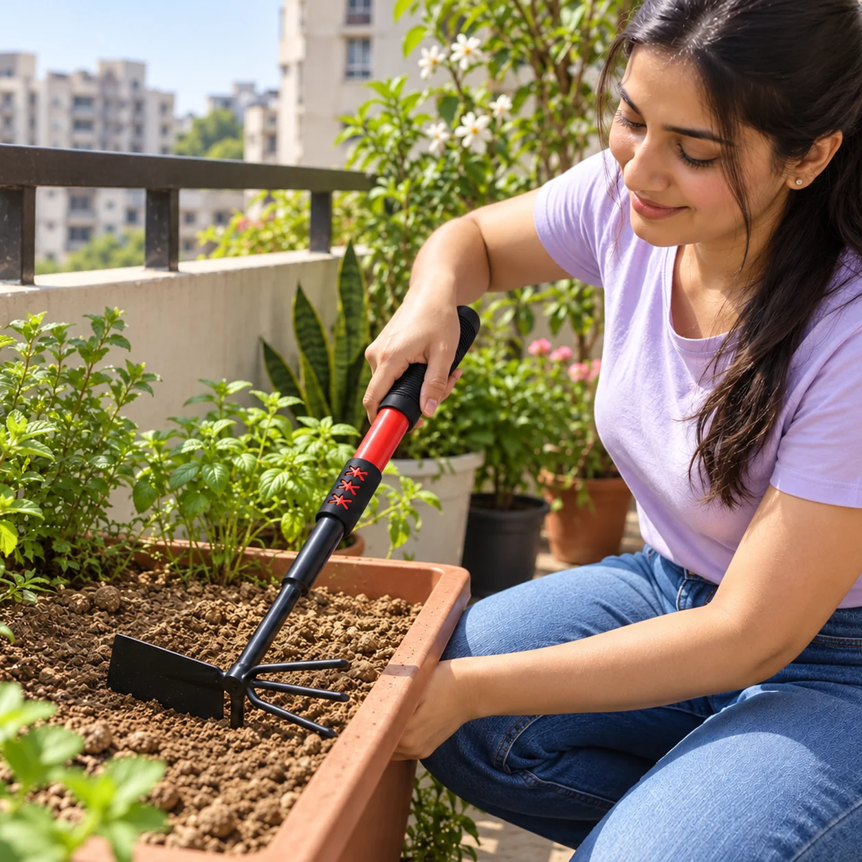 Hoe and fork, telescopic handle: Hoe on one side, rake on the other.