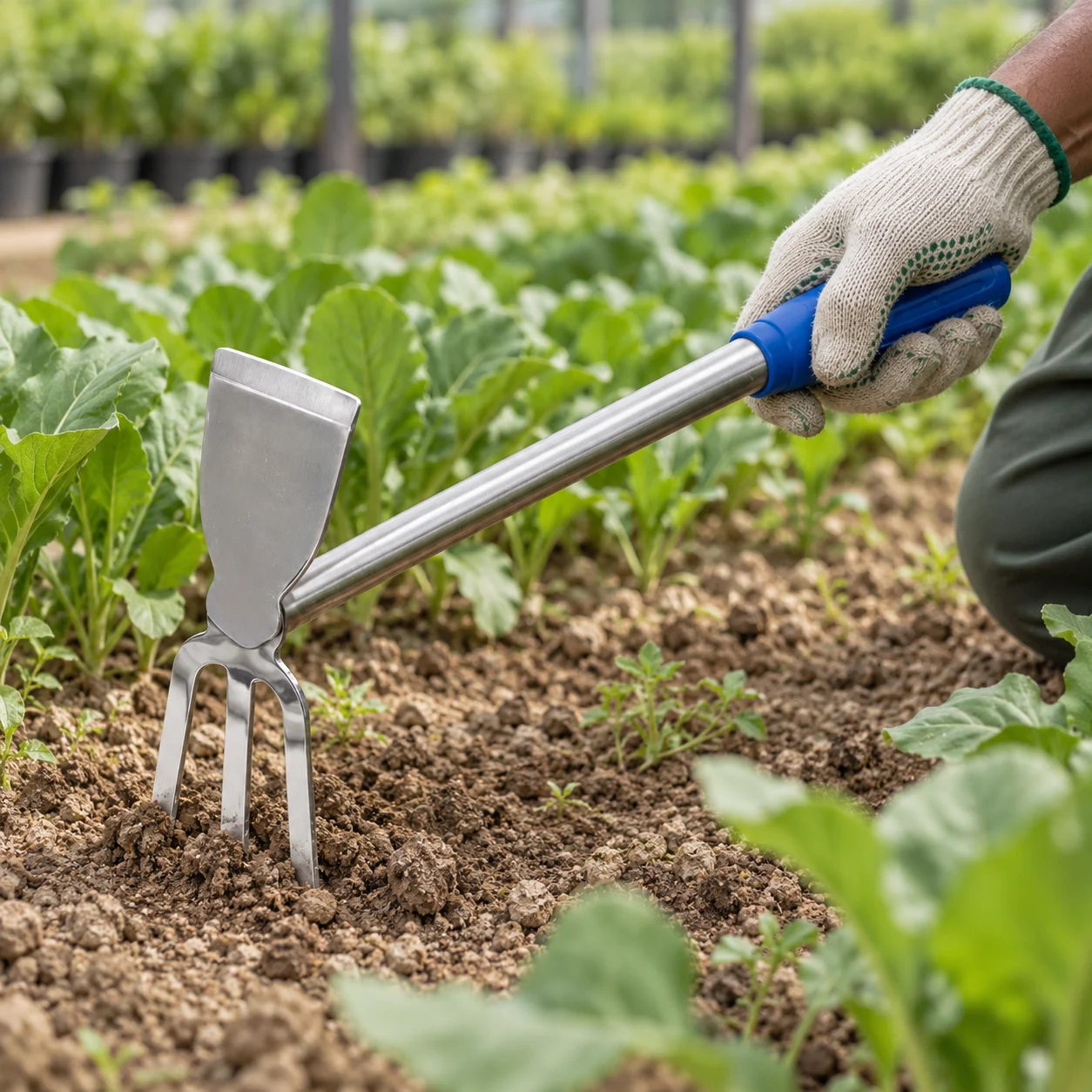 Hoe and fork, stainless steel: Stainless steel blade.