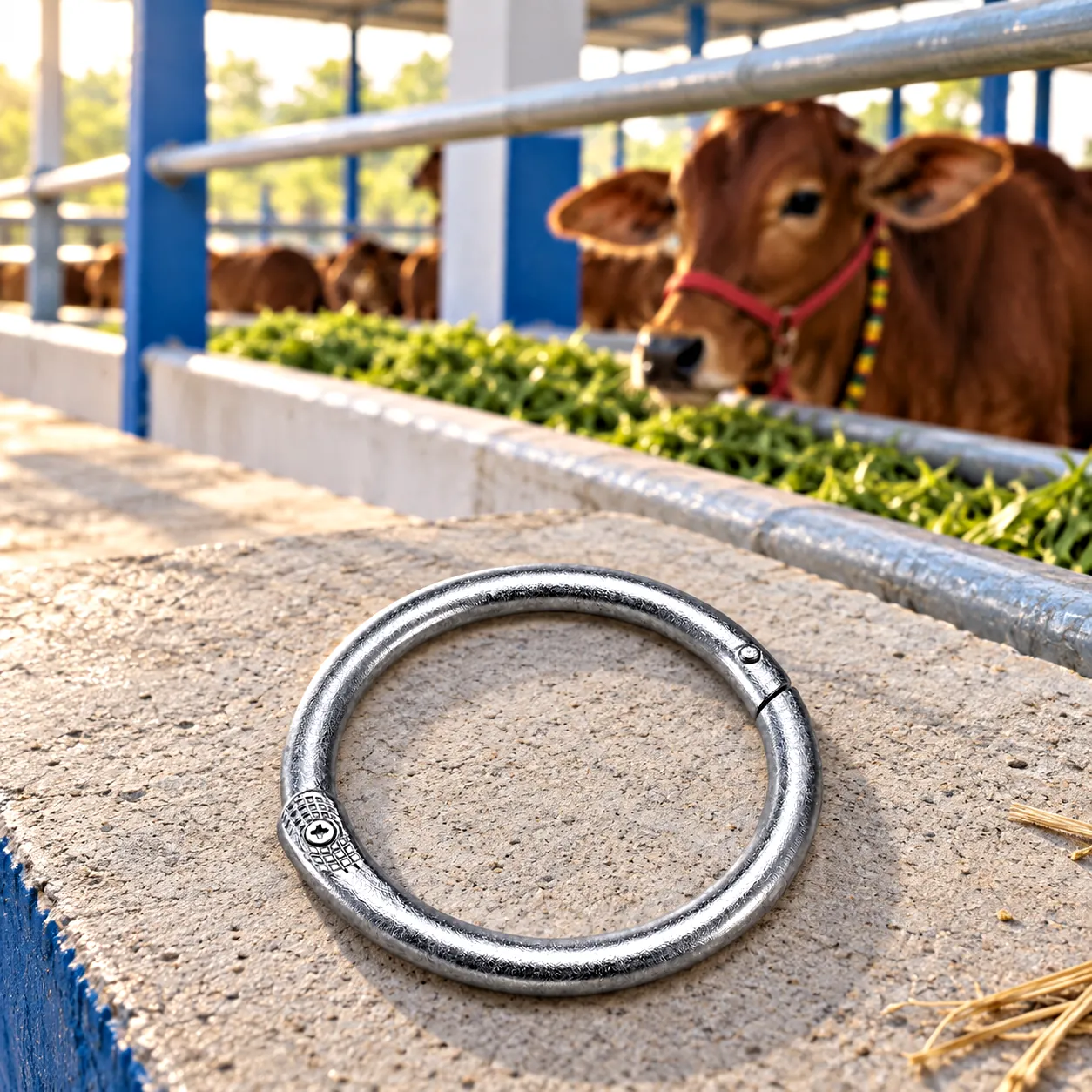 Bull nose ring, stainless steel, 100 mm: outer diameter 100 mm. For bulls, cattle.