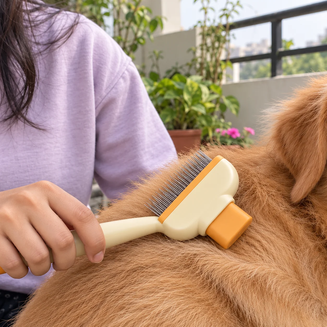 Pet comb, steel pins, self-cleaning: size (l x w x h) 20 x 2 x 8.2 cm. For dog, cat.