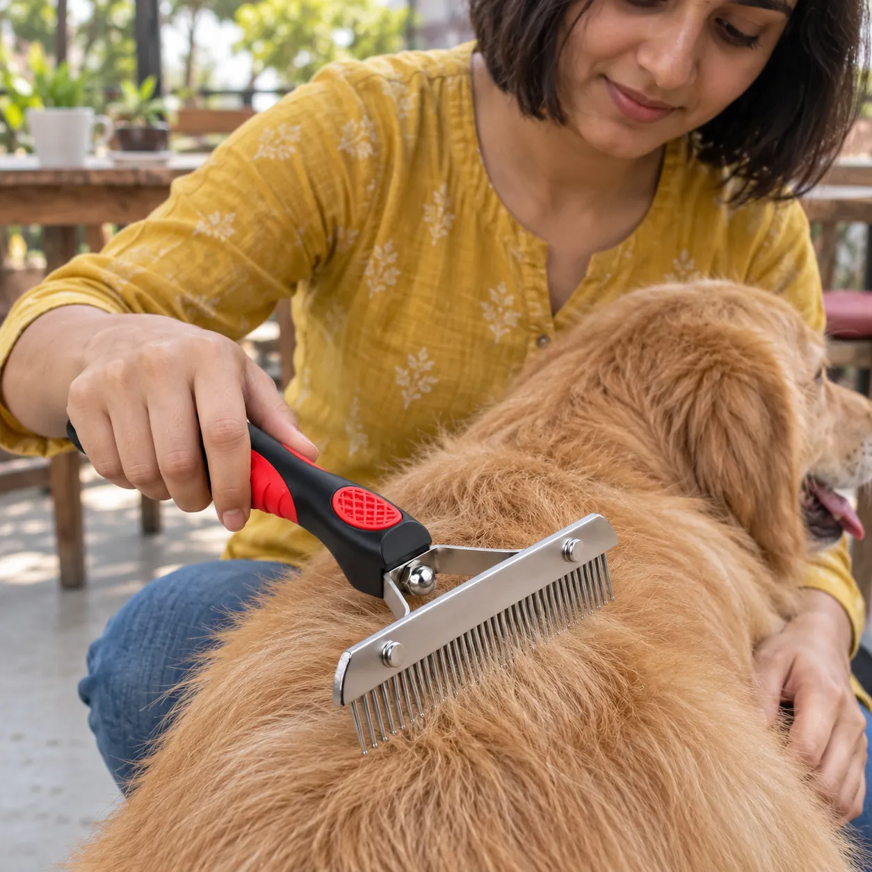 Pet undercoat rake, stainless steel: size (l x w x h) 18.5 x 16 x 3.5 cm. For dog.