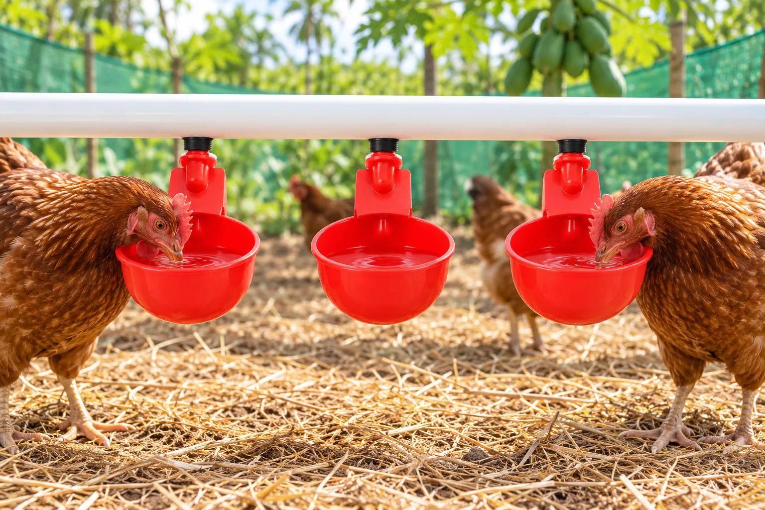 Poultry drinking cup, red: size (l x w x h) 10 x 6 x 4 cm. For poultry.