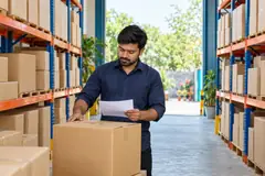 A worker checks cartons on the godown racks against his list.