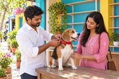 A pet shop owner fits a red collar on a beagle at the counter.