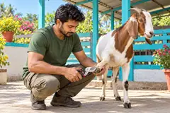 A man kneels beside a brown and white goat and trims its front hoof with hoof shears.