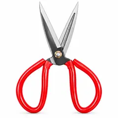 Garden scissors, red loop handles. Pruning secateurs and garden saws