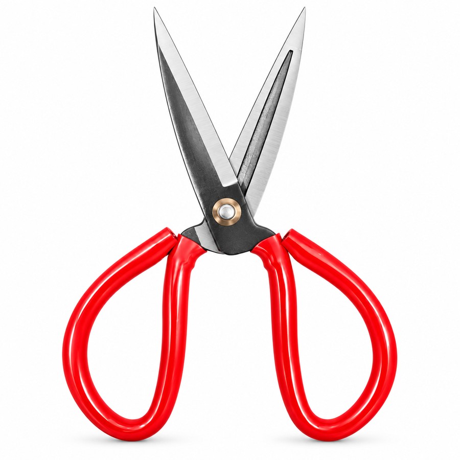 Garden scissors, red loop handles. Pruning secateurs and garden saws